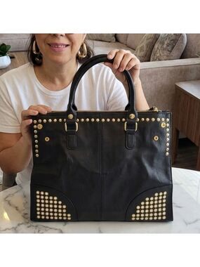 Black Vegan Leather Rivet Satchel Tote Top Handle Shoulder Bag Adjustable Strap